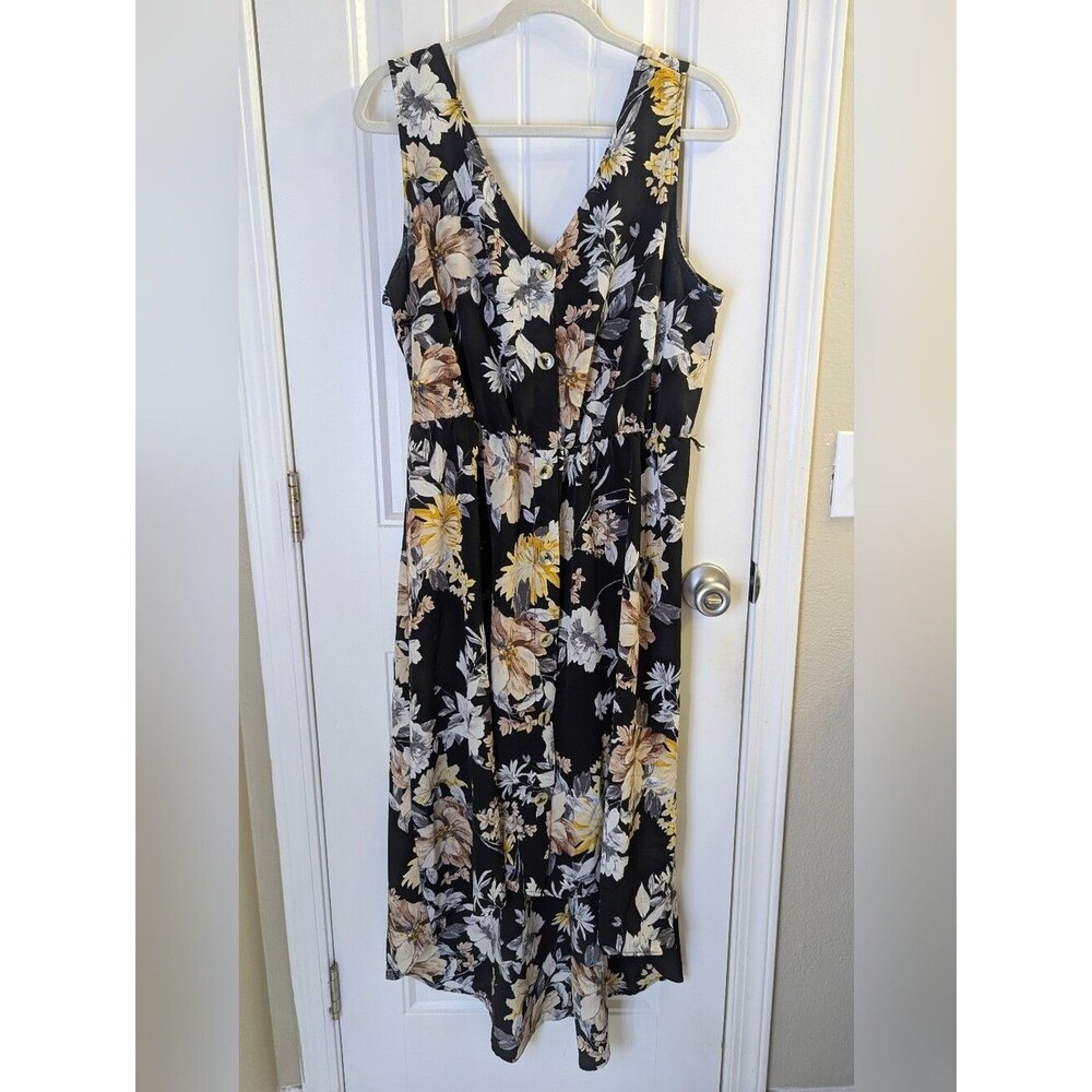 Black Floral Button-Front Maxi Dress with Yellow and Cream Blooms - Asymmetrical